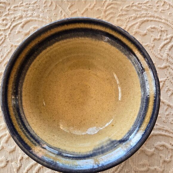 Handcrafted Ceramic Bowl with Blue and Tan Stripes - Picture 3 of 8